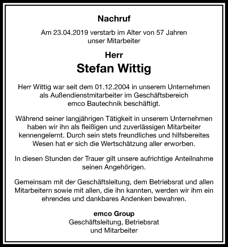  Traueranzeige für Stefan Wittig vom 02.05.2019 aus Bad Vilbel/Karben