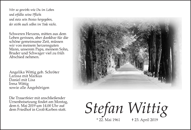  Traueranzeige für Stefan Wittig vom 02.05.2019 aus Wetterauer Zeitung
