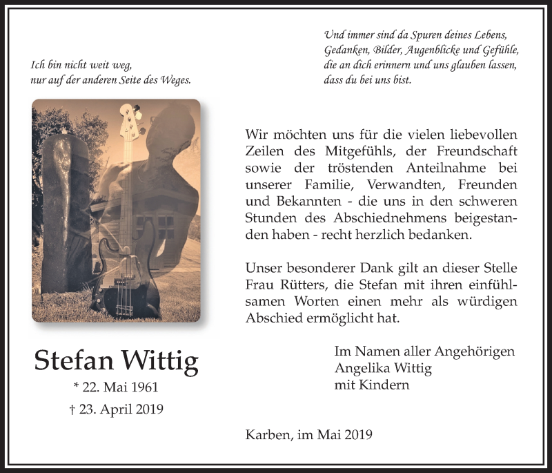  Traueranzeige für Stefan Wittig vom 23.05.2019 aus Bad Vilbel/Karben