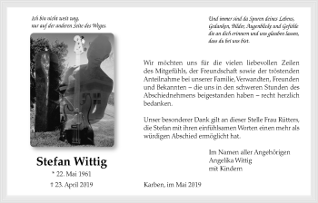 Traueranzeige von Stefan Wittig von Wetterauer Zeitung