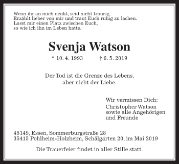 Traueranzeige von Svenja Watson von Pohlheimer Nachrichten