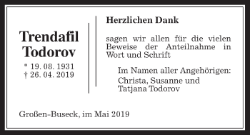 Traueranzeige von Trendafil Todorov von Giessener Allgemeine, Alsfelder Allgemeine