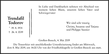 Traueranzeige von Trendafil Todorov von Giessener Allgemeine, Alsfelder Allgemeine