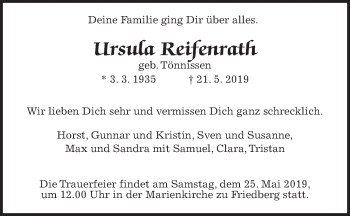 Traueranzeige von Ursula Reifenrath von Wetterauer Zeitung
