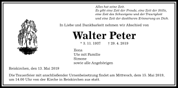 Traueranzeige von Walter Peter von Giessener Allgemeine, Alsfelder Allgemeine