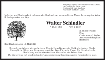 Traueranzeige von Walter Schindler von Wetterauer Zeitung