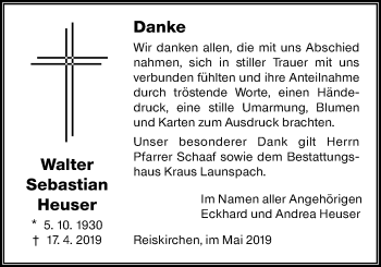 Traueranzeige von Walter Sebastian Heuser von Giessener Allgemeine, Alsfelder Allgemeine