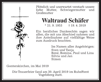 Traueranzeige von Waltraud Schäfer von Laubacher Anzeiger