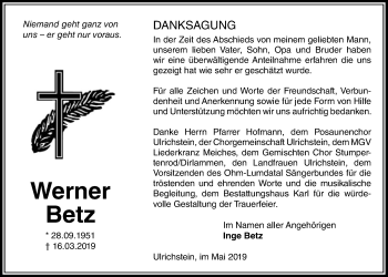 Traueranzeige von Werner Betz von Alsfelder Allgemeine