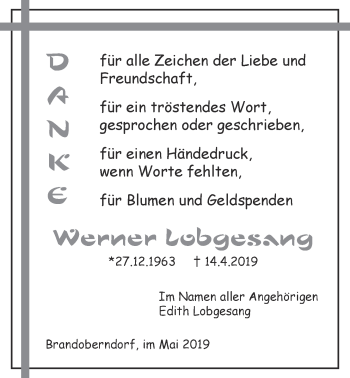 Traueranzeige von Werner Lobgesang von Wetterauer Zeitung