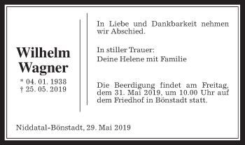 Traueranzeige von Wilhelm Wagner von Wetterauer Zeitung