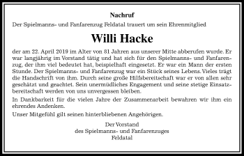 Traueranzeige von Willi Hacke von Alsfelder Allgemeine
