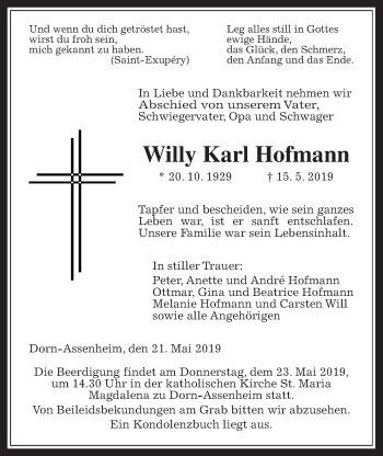Traueranzeige von Willy Karl Hofmann von Wetterauer Zeitung