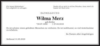 Traueranzeige von Wilma Merz von Alsfelder Allgemeine