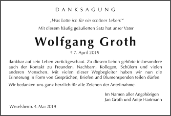 Traueranzeige von Wolfgang Groth von Giessener Allgemeine, Alsfelder Allgemeine, Wetterauer Zeitung