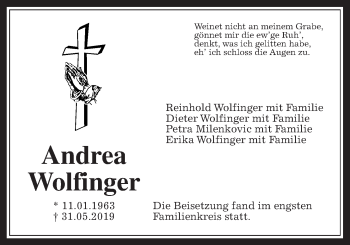 Traueranzeige von Andrea Wolfinger von Wetterauer Zeitung