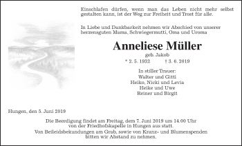 Traueranzeige von Anneliese Müller von Giessener Allgemeine, Alsfelder Allgemeine