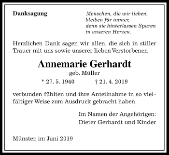 Traueranzeige von Annemarie Gerhardt von Giessener Allgemeine, Alsfelder Allgemeine, Laubacher Anzeiger