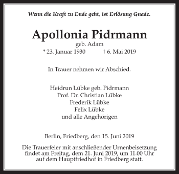 Traueranzeige von Apollonia Pidrmann von Wetterauer Zeitung