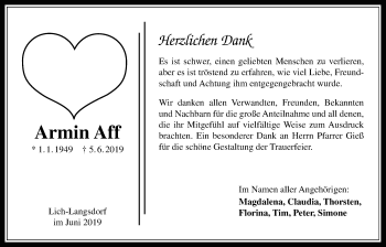 Traueranzeige von Armin Aff von Licher Wochenblatt