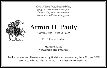 Traueranzeige von Armin H. Pauly von Bad Vilbel/Karben