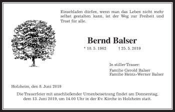 Traueranzeige von Bernd Balser von Giessener Allgemeine, Alsfelder Allgemeine
