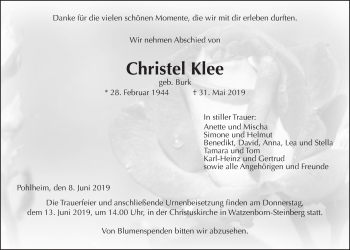 Traueranzeige von Christel Klee von Giessener Allgemeine, Alsfelder Allgemeine