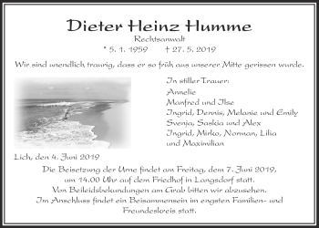Traueranzeige von Dieter Heinz Humme von Giessener Allgemeine, Alsfelder Allgemeine