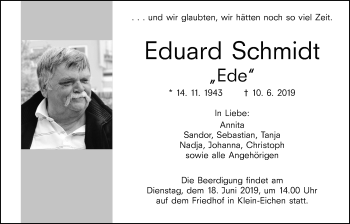 Traueranzeige von Eduard Schmidt von Giessener Allgemeine, Alsfelder Allgemeine