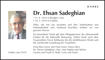 Traueranzeige von Ehsan Sadeghian von Giessener Allgemeine, Alsfelder Allgemeine