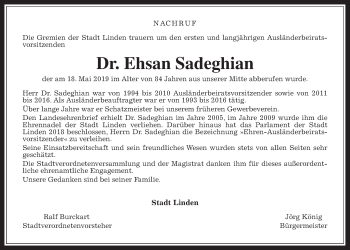 Traueranzeige von Ehsan Sadeghian von Giessener Allgemeine, Alsfelder Allgemeine