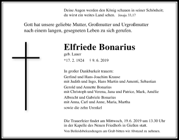 Traueranzeige von Elfriede Bonarius von Giessener Allgemeine, Alsfelder Allgemeine