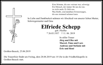 Traueranzeige von Elfriede Schepp von Giessener Allgemeine, Alsfelder Allgemeine