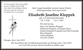 Traueranzeige von Elisabeth Josefine Kleppek von Giessener Allgemeine, Alsfelder Allgemeine