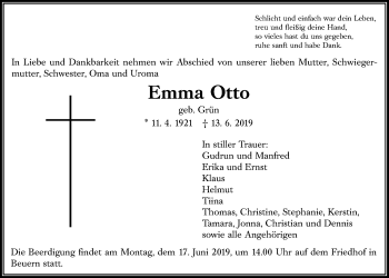 Traueranzeige von Emma Otto von Giessener Allgemeine, Alsfelder Allgemeine