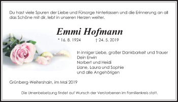 Traueranzeige von Emmi Hofmann von Giessener Allgemeine, Alsfelder Allgemeine