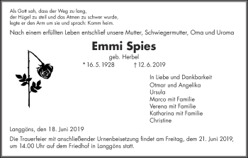 Traueranzeige von Emmi Spies von Giessener Allgemeine, Alsfelder Allgemeine