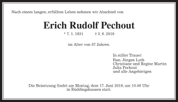 Traueranzeige von Erich Rudolf Pechout von Giessener Allgemeine, Alsfelder Allgemeine