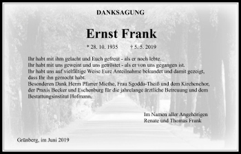 Traueranzeige von Ernst Frank von Giessener Allgemeine, Alsfelder Allgemeine