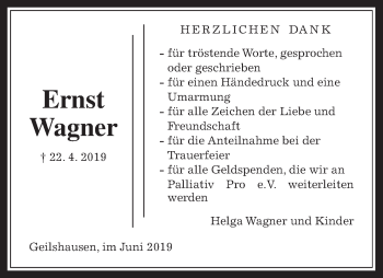 Traueranzeige von Ernst Wagner von Giessener Allgemeine, Alsfelder Allgemeine