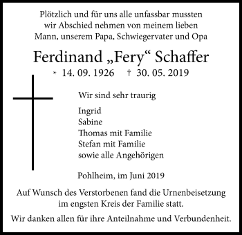 Traueranzeige von Ferdinand Schaffer von Giessener Allgemeine, Alsfelder Allgemeine