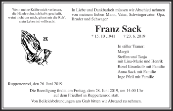 Traueranzeige von Franz Sack von Giessener Allgemeine, Alsfelder Allgemeine