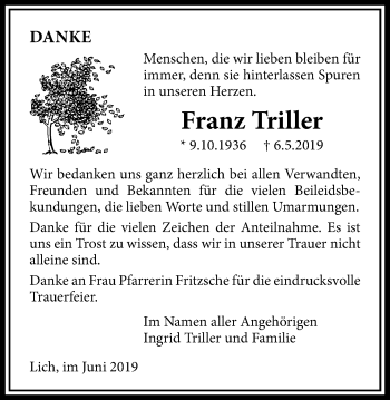 Traueranzeige von Franz Triller von Licher Wochenblatt