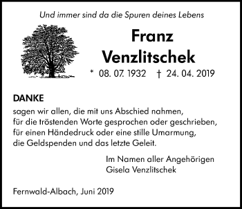 Traueranzeige von Franz Venzlitschek von Giessener Allgemeine, Alsfelder Allgemeine