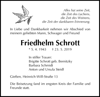Traueranzeige von Friedhelm Schrott von Giessener Allgemeine, Alsfelder Allgemeine