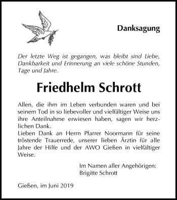 Traueranzeige von Friedhelm Schrott von Giessener Allgemeine, Alsfelder Allgemeine