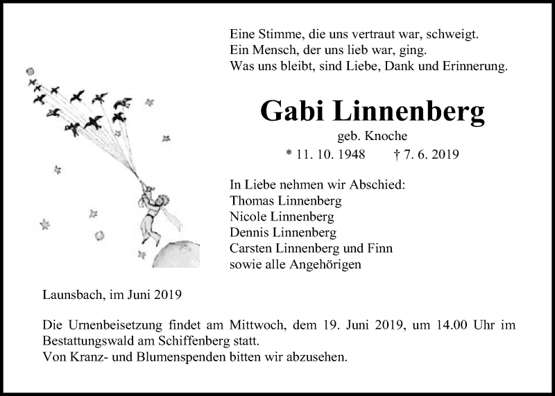  Traueranzeige für Gabi Linnenberg vom 13.06.2019 aus Giessener Allgemeine, Alsfelder Allgemeine