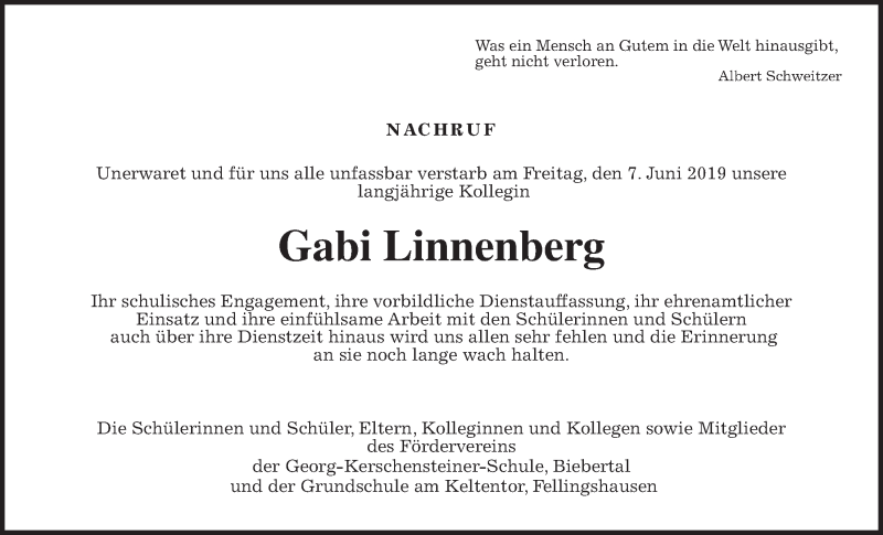  Traueranzeige für Gabi Linnenberg vom 15.06.2019 aus Giessener Allgemeine, Alsfelder Allgemeine
