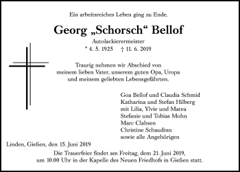 Traueranzeige von Georg Bellof von Giessener Allgemeine, Alsfelder Allgemeine