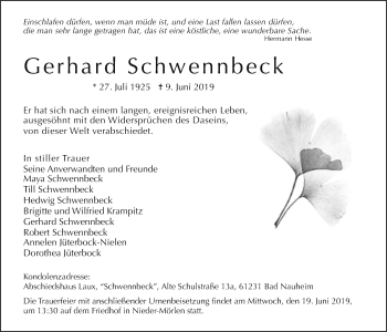 Traueranzeige von Gerhard Schwennbeck von Wetterauer Zeitung